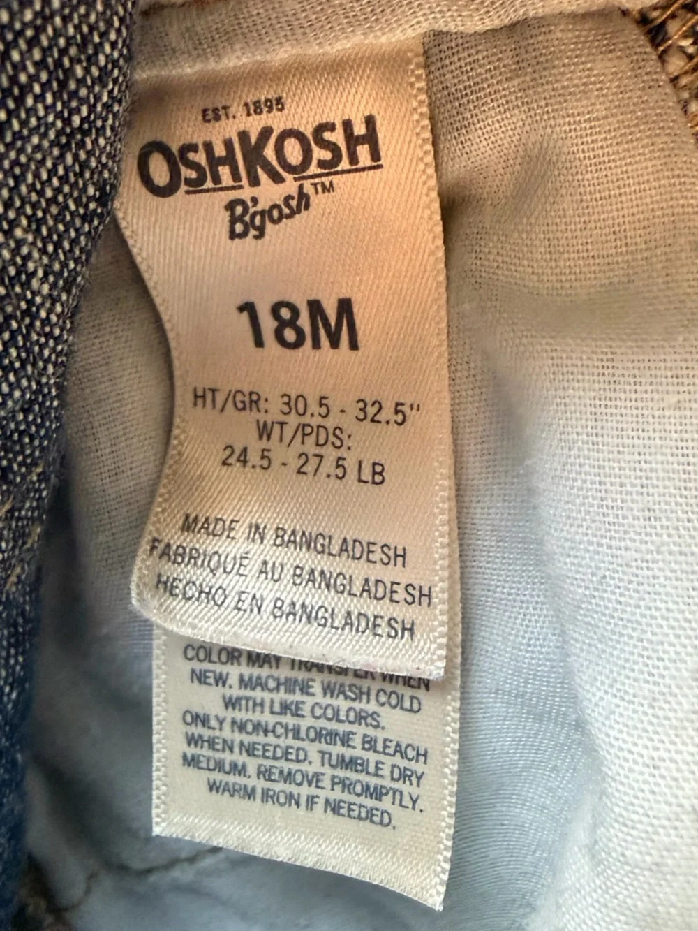 Oshkosh B'gosh Denim Bib Overalls Dress W/ Ribbon Girls Size 18 Months